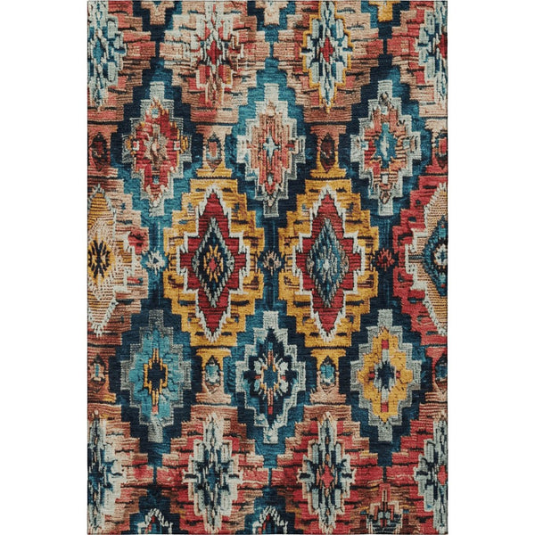 HomeRoots 5' X 8' Ikat Area Rug in Rust, Blue, and Coral - Washable, UV-Protected, Durable for High-Traffic Areas 707115