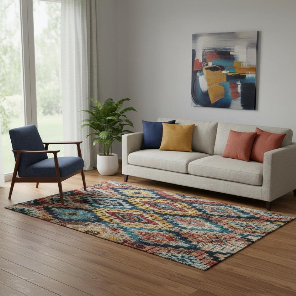 HomeRoots 8' Washable Ikat Round Rug in Rust, Blue & Coral - Stain-Resistant, UV-Protected & Durable Design 707116