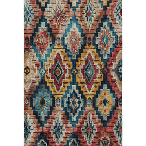 HomeRoots 8' Washable Ikat Round Rug in Rust, Blue & Coral - Stain-Resistant, UV-Protected & Durable Design 707116