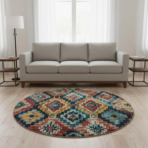 HomeRoots 8' X 10' Ikat Washable Area Rug in Rust, Blue & Coral - UV Protected, Durable & Stylish for Homes 707117