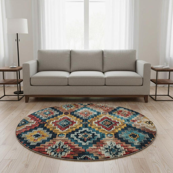 HomeRoots 8' X 10' Ikat Washable Area Rug in Rust, Blue & Coral - UV Protected, Durable & Stylish for Homes 707117