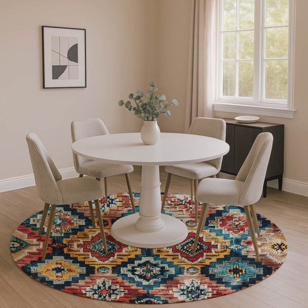 HomeRoots 8' X 10' Ikat Washable Area Rug in Rust, Blue & Coral - UV Protected, Durable & Stylish for Homes 707117