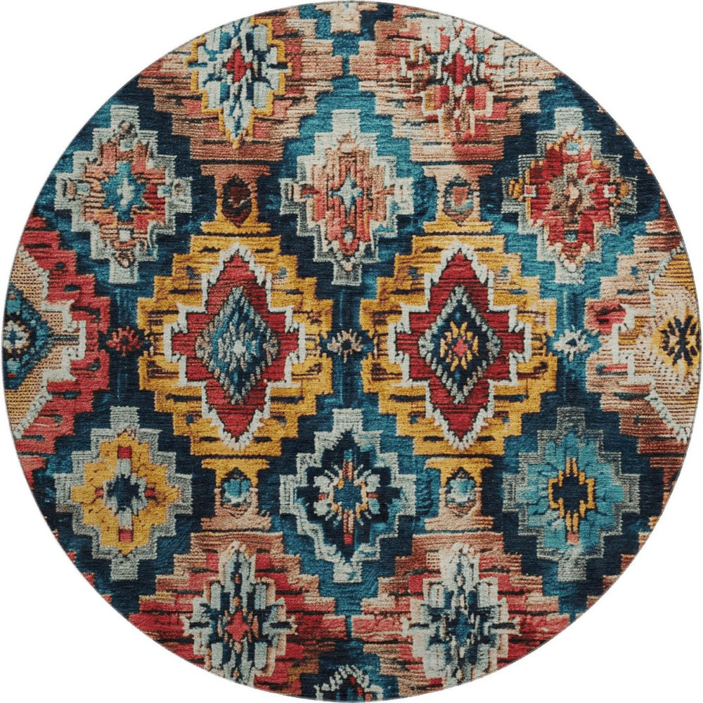 HomeRoots 8' X 10' Ikat Washable Area Rug in Rust, Blue & Coral - UV Protected, Durable & Stylish for Homes 707117