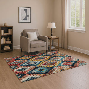 HomeRoots 9' X 12' Vibrant Rust, Blue & Coral Ikat Washable Area Rug with UV Protection for High-Traffic Spaces 707118