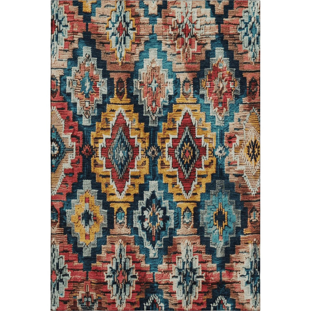 HomeRoots 9' X 12' Vibrant Rust, Blue & Coral Ikat Washable Area Rug with UV Protection for High-Traffic Spaces 707118