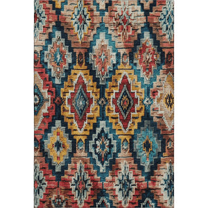 HomeRoots 9' X 12' Vibrant Rust, Blue & Coral Ikat Washable Area Rug with UV Protection for High-Traffic Spaces 707118