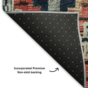 HomeRoots 9' X 12' Vibrant Rust, Blue & Coral Ikat Washable Area Rug with UV Protection for High-Traffic Spaces 707118