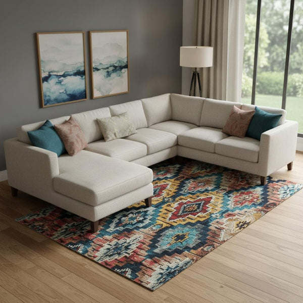 HomeRoots 10' X 14' Washable Rust, Blue, and Coral Ikat Area Rug with UV Protection for Stylish Living Spaces 707119