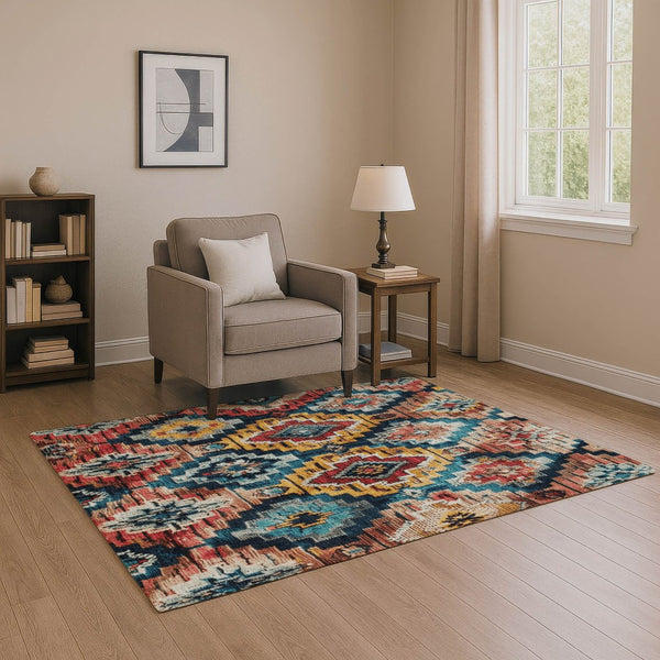 HomeRoots 10' X 14' Washable Rust, Blue, and Coral Ikat Area Rug with UV Protection for Stylish Living Spaces 707119