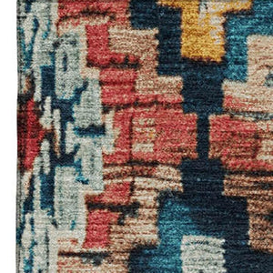 HomeRoots 10' X 14' Washable Rust, Blue, and Coral Ikat Area Rug with UV Protection for Stylish Living Spaces 707119