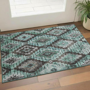 HomeRoots 5' X 8' Ikat Area Rug in Teal, Charcoal & Ivory - Washable, UV Protected, & Stylish for Any Space! 707121
