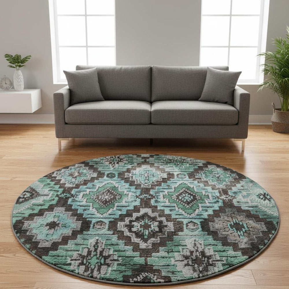 HomeRoots 8' X 10' Ikat Area Rug in Teal, Charcoal & Ivory - Washable, UV Protected, Perfect for Busy Homes! 707123