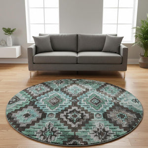 HomeRoots 8' X 10' Ikat Area Rug in Teal, Charcoal & Ivory - Washable, UV Protected, Perfect for Busy Homes! 707123