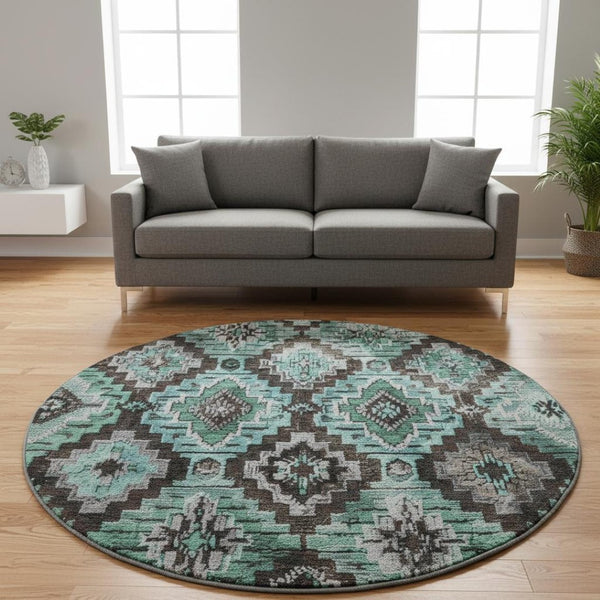 HomeRoots 8' X 10' Ikat Area Rug in Teal, Charcoal & Ivory - Washable, UV Protected, Perfect for Busy Homes! 707123