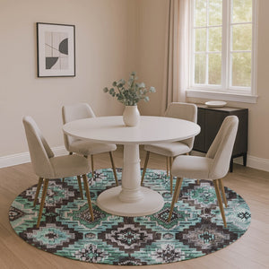 HomeRoots 8' X 10' Ikat Area Rug in Teal, Charcoal & Ivory - Washable, UV Protected, Perfect for Busy Homes! 707123