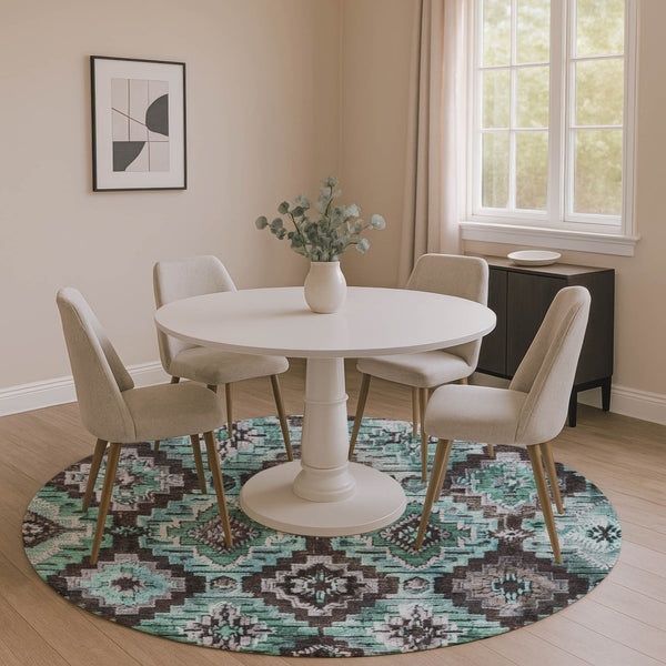 HomeRoots 8' X 10' Ikat Area Rug in Teal, Charcoal & Ivory - Washable, UV Protected, Perfect for Busy Homes! 707123