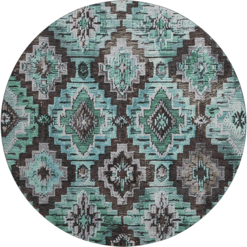 HomeRoots 8' X 10' Ikat Area Rug in Teal, Charcoal & Ivory - Washable, UV Protected, Perfect for Busy Homes! 707123