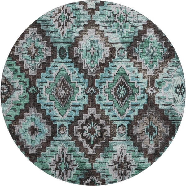 HomeRoots 8' X 10' Ikat Area Rug in Teal, Charcoal & Ivory - Washable, UV Protected, Perfect for Busy Homes! 707123