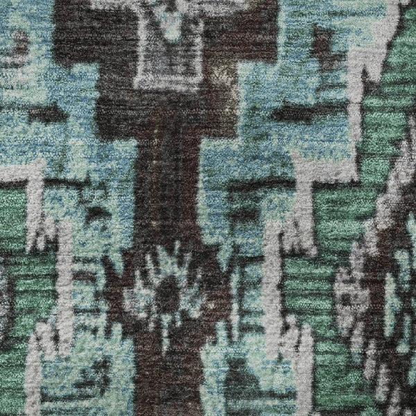 HomeRoots 8' X 10' Ikat Area Rug in Teal, Charcoal & Ivory - Washable, UV Protected, Perfect for Busy Homes! 707123
