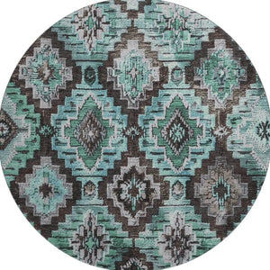HomeRoots 8' X 10' Ikat Area Rug in Teal, Charcoal & Ivory - Washable, UV Protected, Perfect for Busy Homes! 707123