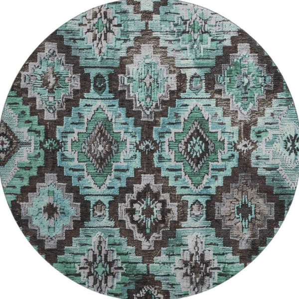 HomeRoots 8' X 10' Ikat Area Rug in Teal, Charcoal & Ivory - Washable, UV Protected, Perfect for Busy Homes! 707123