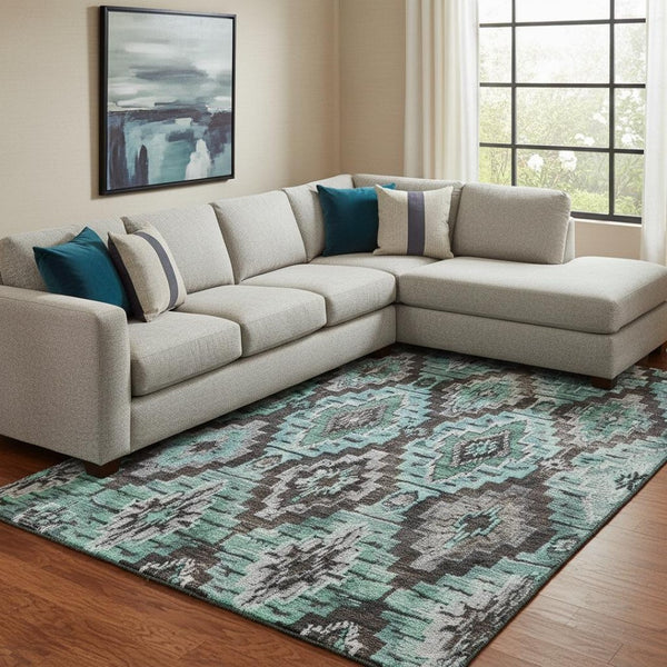 HomeRoots 9' X 12' Stylish Teal Charcoal Ivory Ikat Washable Area Rug with UV Protection for Easy Living 707124