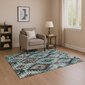 HomeRoots 9' X 12' Stylish Teal Charcoal Ivory Ikat Washable Area Rug with UV Protection for Easy Living 707124