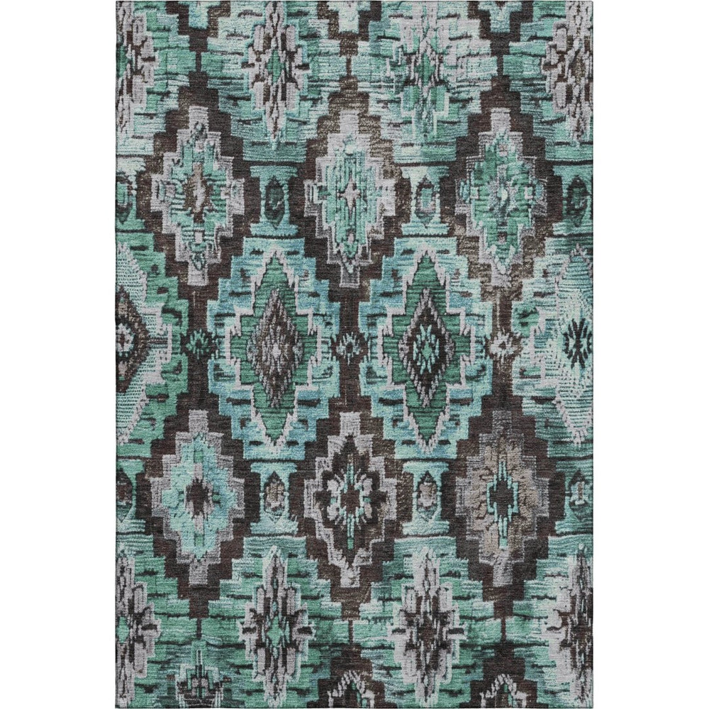 HomeRoots 9' X 12' Stylish Teal Charcoal Ivory Ikat Washable Area Rug with UV Protection for Easy Living 707124