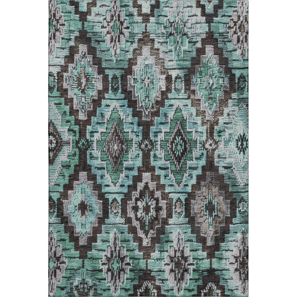 HomeRoots 9' X 12' Stylish Teal Charcoal Ivory Ikat Washable Area Rug with UV Protection for Easy Living 707124
