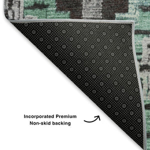 HomeRoots 9' X 12' Stylish Teal Charcoal Ivory Ikat Washable Area Rug with UV Protection for Easy Living 707124