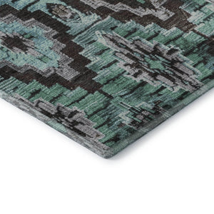 HomeRoots 10' Teal Charcoal Ivory Ikat Area Rug - Washable, UV-Protected, Stain-Resistant for Family Spaces 707125