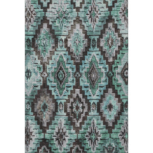 HomeRoots 10' Teal Charcoal Ivory Ikat Area Rug - Washable, UV-Protected, Stain-Resistant for Family Spaces 707125