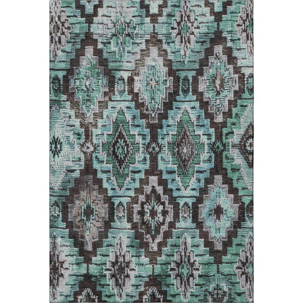 HomeRoots 10' Teal Charcoal Ivory Ikat Area Rug - Washable, UV-Protected, Stain-Resistant for Family Spaces 707125