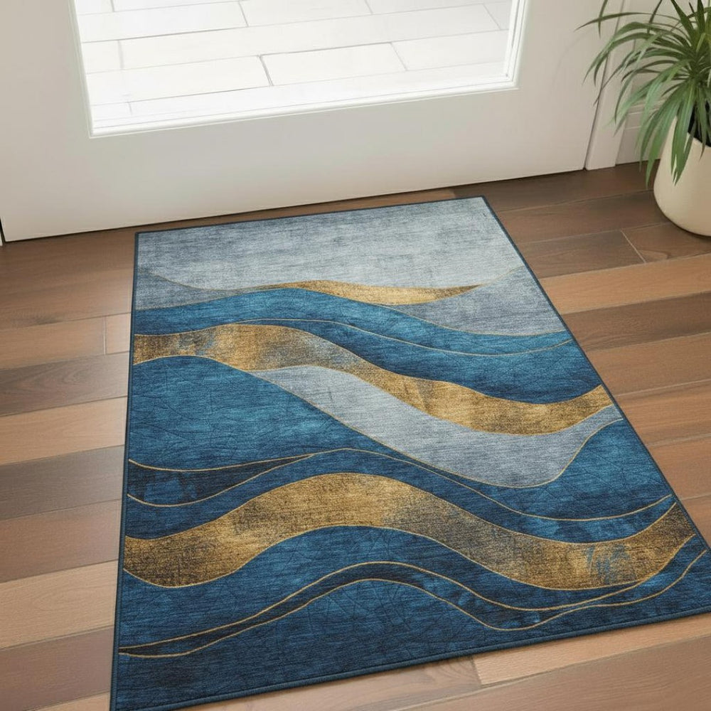 HomeRoots 5' X 8' Blue And Gold Abstract Area Rug – Stylish, Washable, UV-Protected, Perfect for High-Traffic Spaces 707127