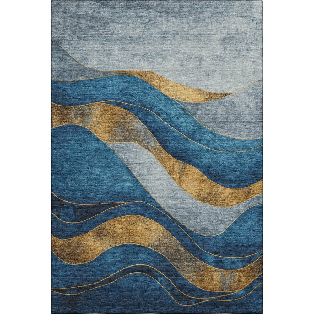 HomeRoots 5' X 8' Blue And Gold Abstract Area Rug – Stylish, Washable, UV-Protected, Perfect for High-Traffic Spaces 707127