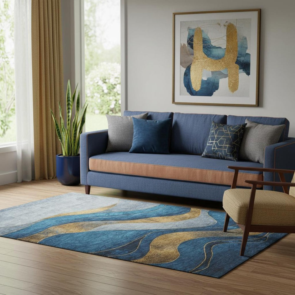 HomeRoots 8' Blue and Gold Abstract Washable Round Rug with UV Protection - Stylish, Durable, and Easy Care! 707128