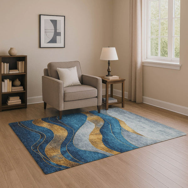 HomeRoots 8' Blue and Gold Abstract Washable Round Rug with UV Protection - Stylish, Durable, and Easy Care! 707128