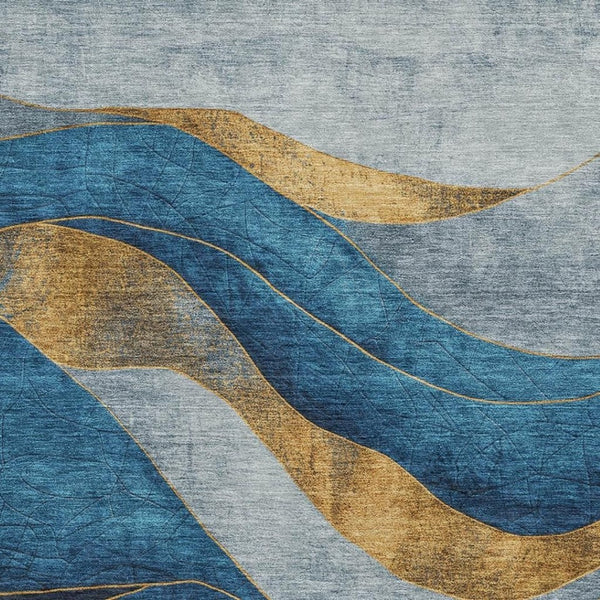 HomeRoots 8' Blue and Gold Abstract Washable Round Rug with UV Protection - Stylish, Durable, and Easy Care! 707128