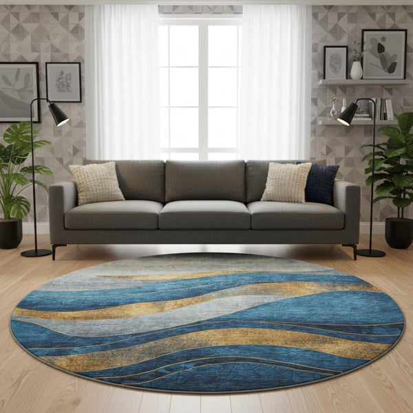 HomeRoots 8' X 10' Blue and Gold Abstract Washable Area Rug with UV Protection for Stylish Homes & Durability 707129