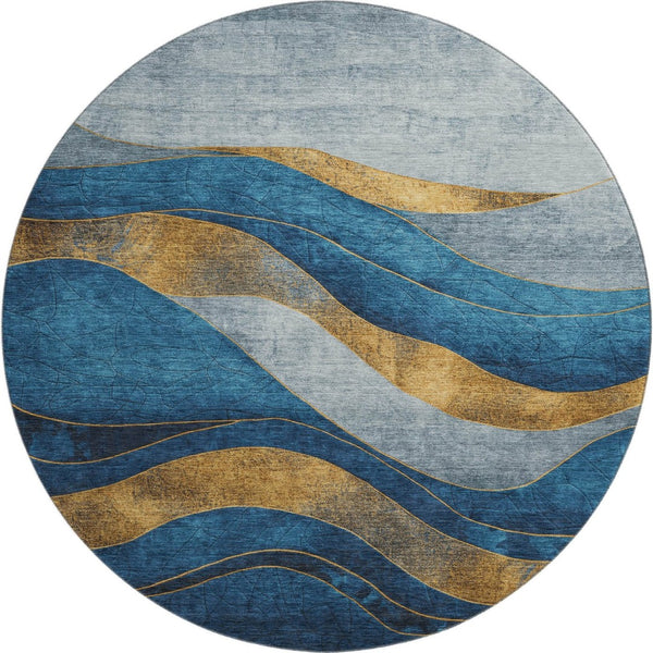 HomeRoots 8' X 10' Blue and Gold Abstract Washable Area Rug with UV Protection for Stylish Homes & Durability 707129