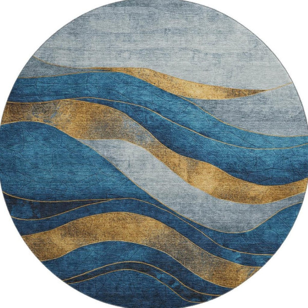 HomeRoots 8' X 10' Blue and Gold Abstract Washable Area Rug with UV Protection for Stylish Homes & Durability 707129