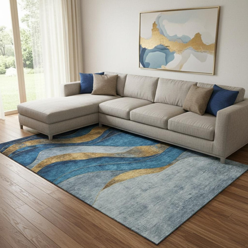 HomeRoots 9' X 12' Blue and Gold Abstract Washable Area Rug with UV Protection for Modern Homes & Busy Families 707130