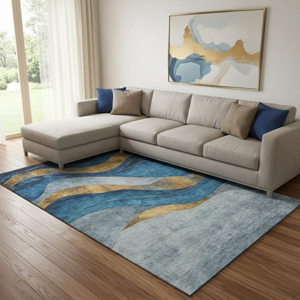 HomeRoots 9' X 12' Blue and Gold Abstract Washable Area Rug with UV Protection for Modern Homes & Busy Families 707130