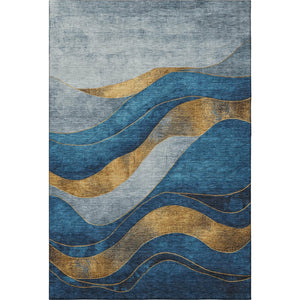 HomeRoots 9' X 12' Blue and Gold Abstract Washable Area Rug with UV Protection for Modern Homes & Busy Families 707130