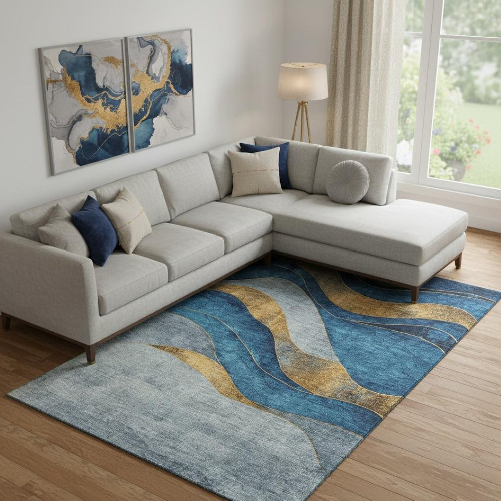HomeRoots 10' Blue and Gold Abstract Washable Area Rug - UV Protected, Stain Resistant, Non-Slip Backing! 707131