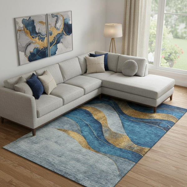 HomeRoots 10' Blue and Gold Abstract Washable Area Rug - UV Protected, Stain Resistant, Non-Slip Backing! 707131