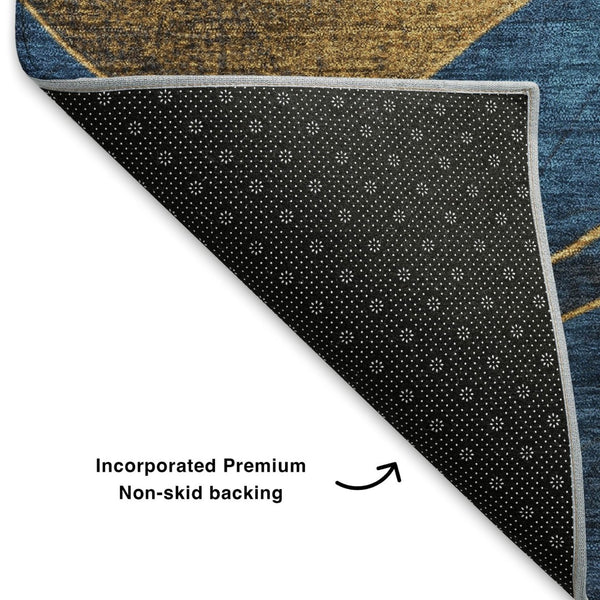HomeRoots 10' Blue and Gold Abstract Washable Area Rug - UV Protected, Stain Resistant, Non-Slip Backing! 707131