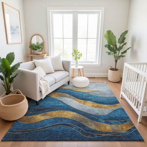 HomeRoots 10' Blue and Gold Abstract Washable Area Rug - UV Protected, Stain Resistant, Non-Slip Backing! 707131