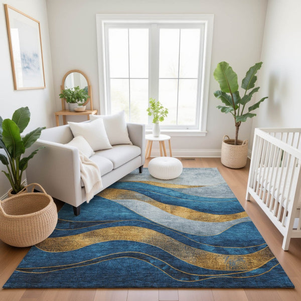 HomeRoots 10' Blue and Gold Abstract Washable Area Rug - UV Protected, Stain Resistant, Non-Slip Backing! 707131