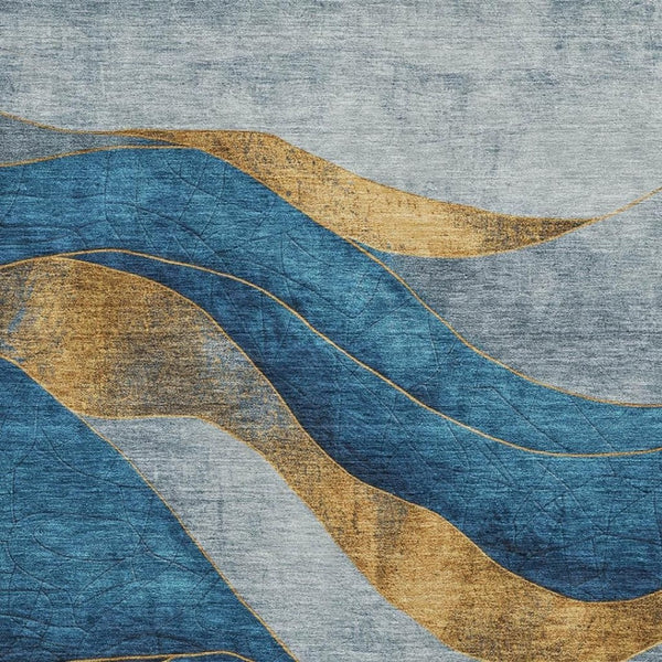 HomeRoots 10' Blue and Gold Abstract Washable Area Rug - UV Protected, Stain Resistant, Non-Slip Backing! 707131